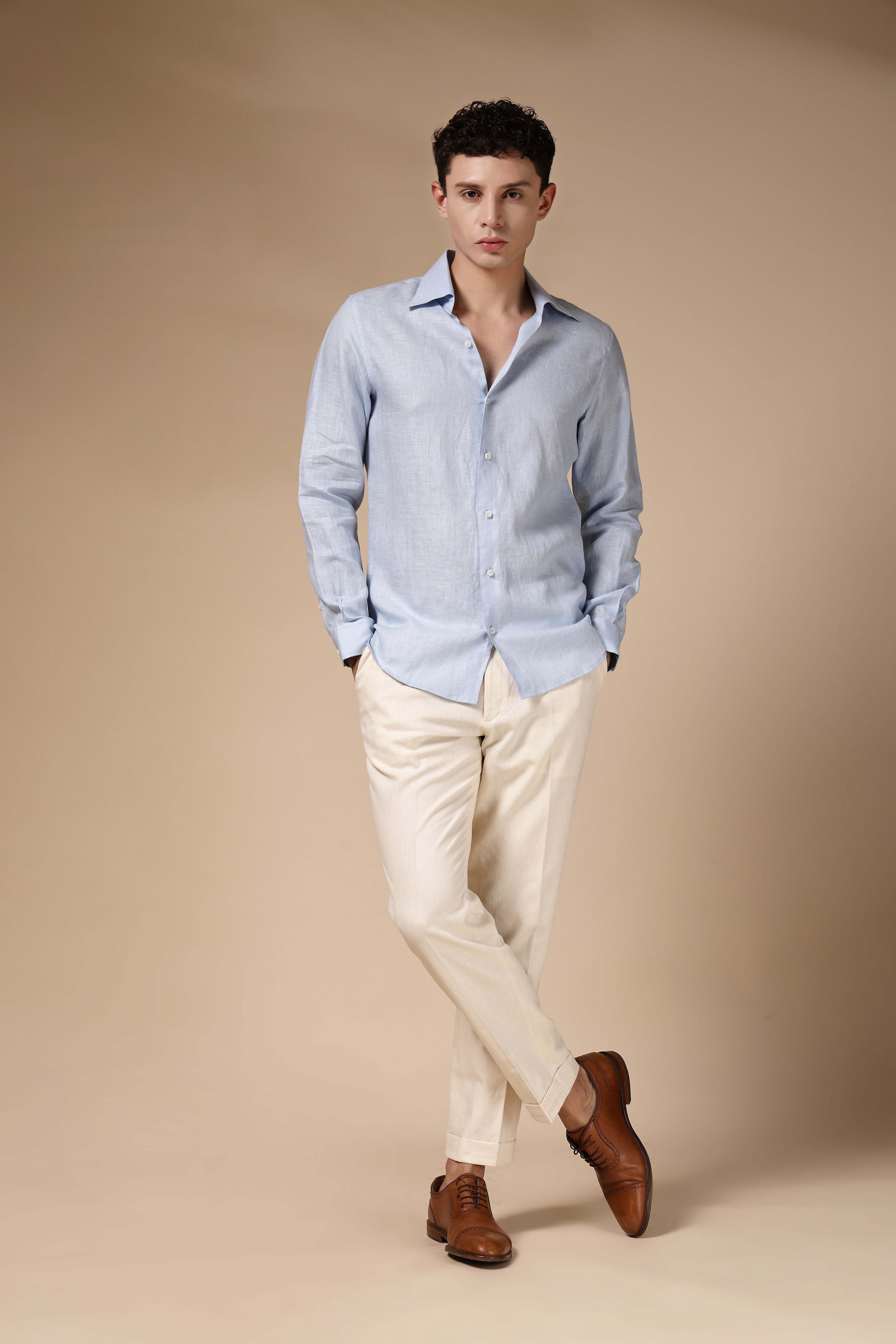 Blue Cooper Collar Linen Shirt