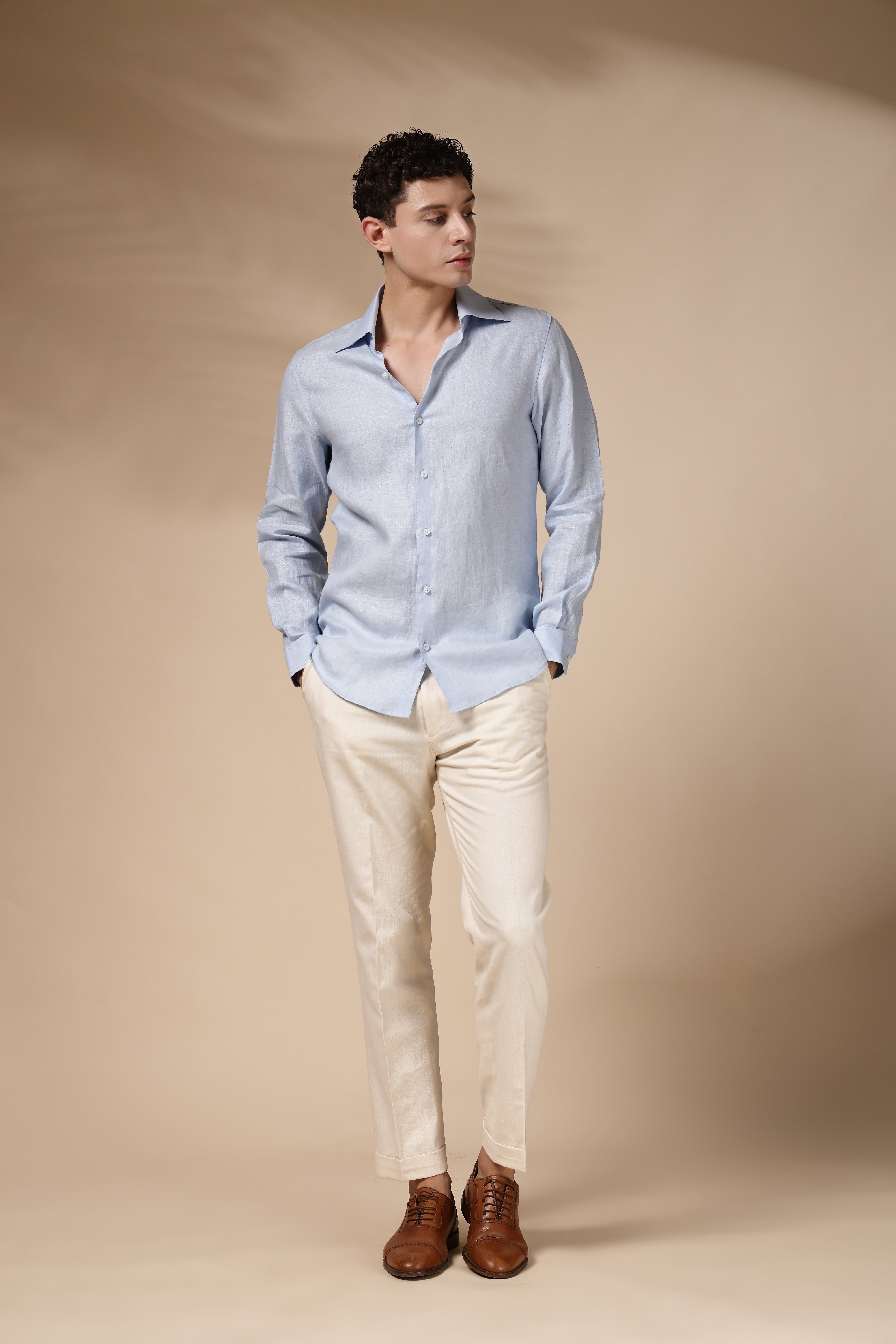 Blue Cooper Collar Linen Shirt