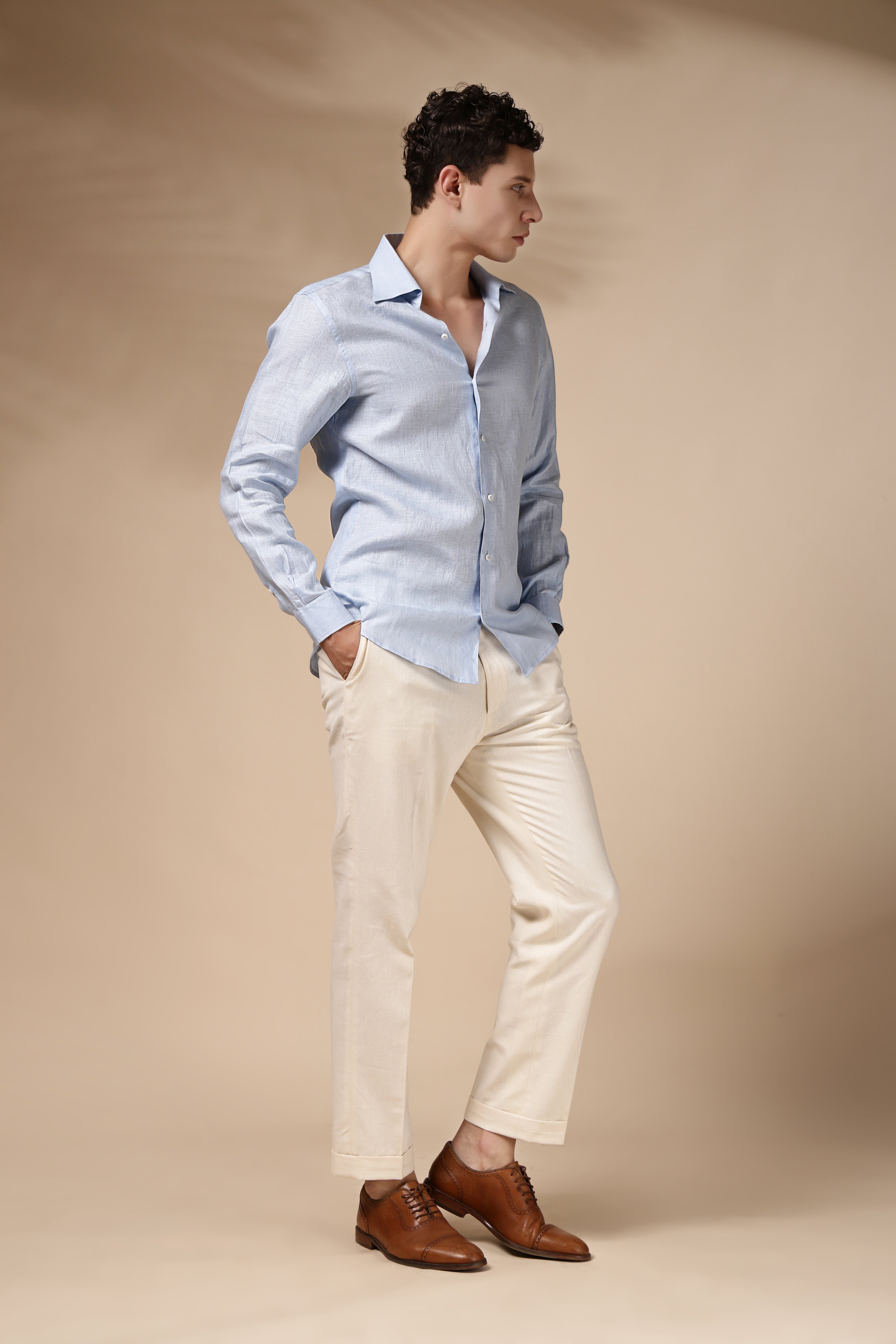 Blue Cooper Collar Linen Shirt