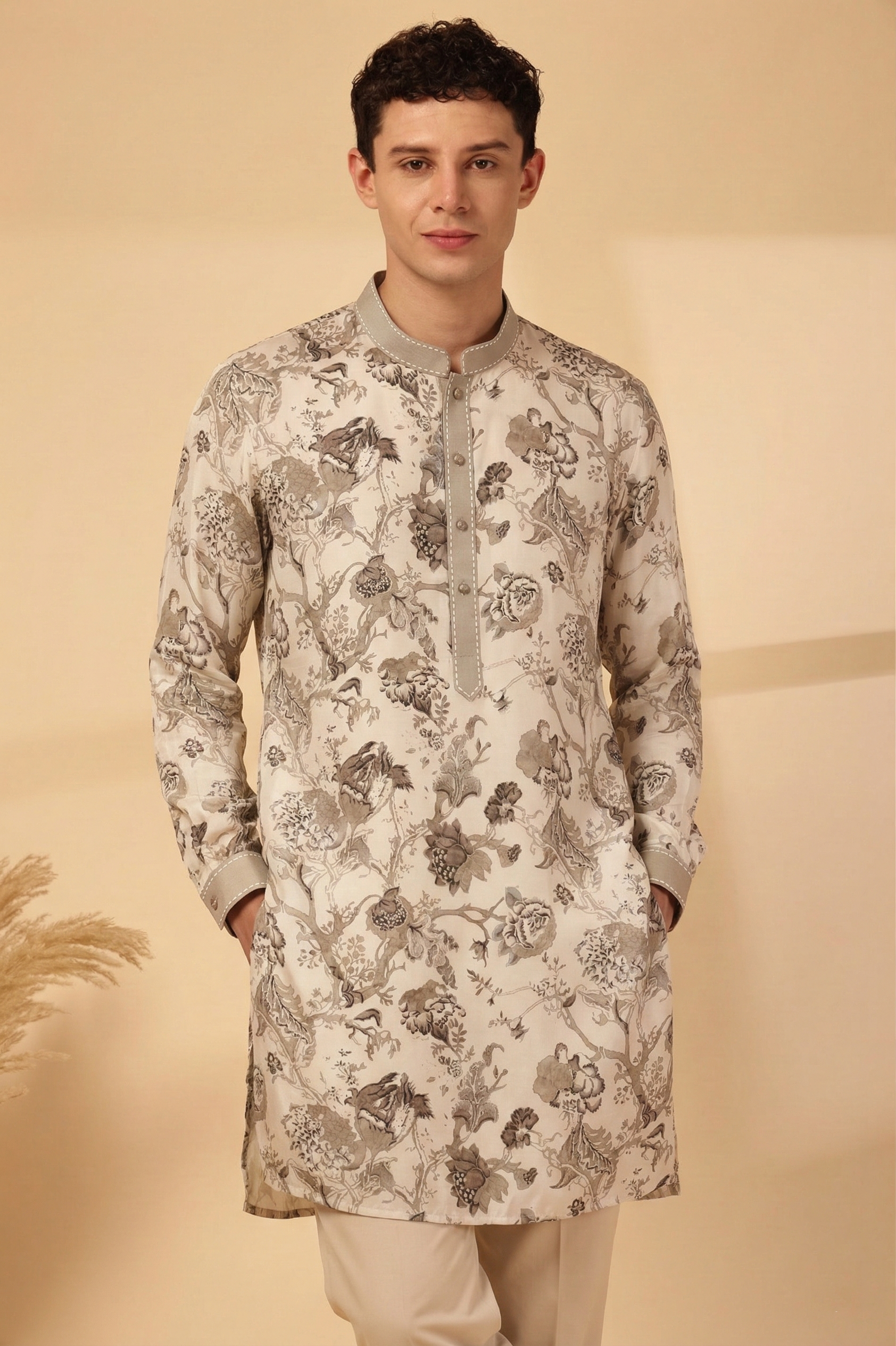 Thai Print Kurta Beige