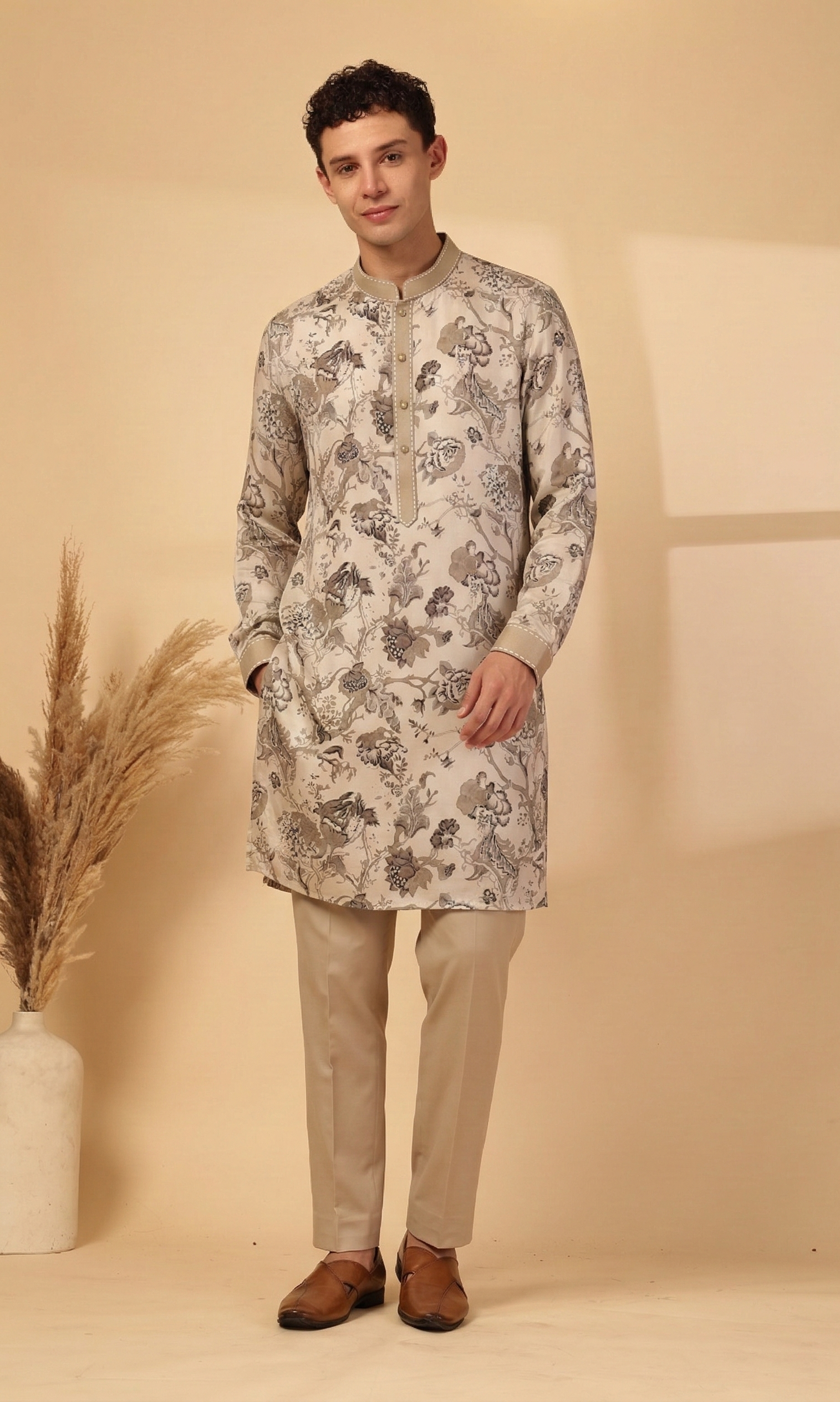 Thai Print Kurta Beige